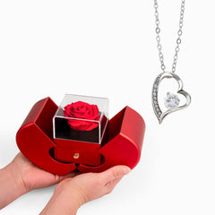 Forever Love Necklace And Red Heart Rose Box